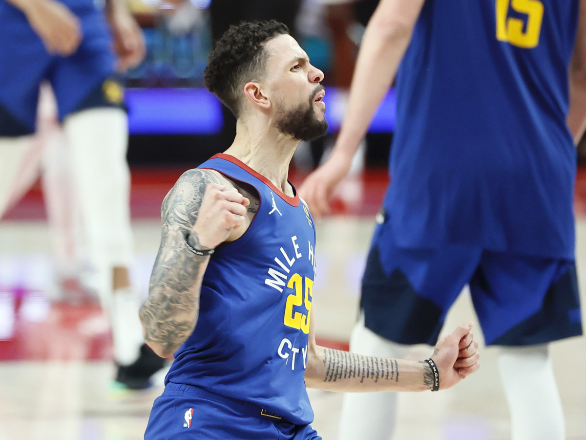 Denver Nuggets guard Austin Rivers (25) reacts after a three-point basket during the second half of game three in the first round of the 2021 NBA Playoffs against the Portland Trail Blazers